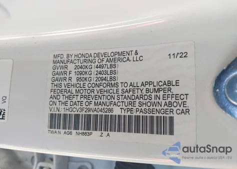2022 Honda Accord Hybrid Sport z USA, uszkodzony, nr VIN 1HGCV3F29NA045286